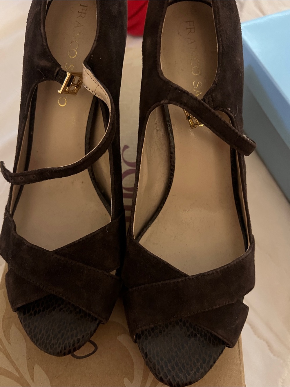Franco Sarto Dark Brown Suede Mary Jane Peep-Toe Heels